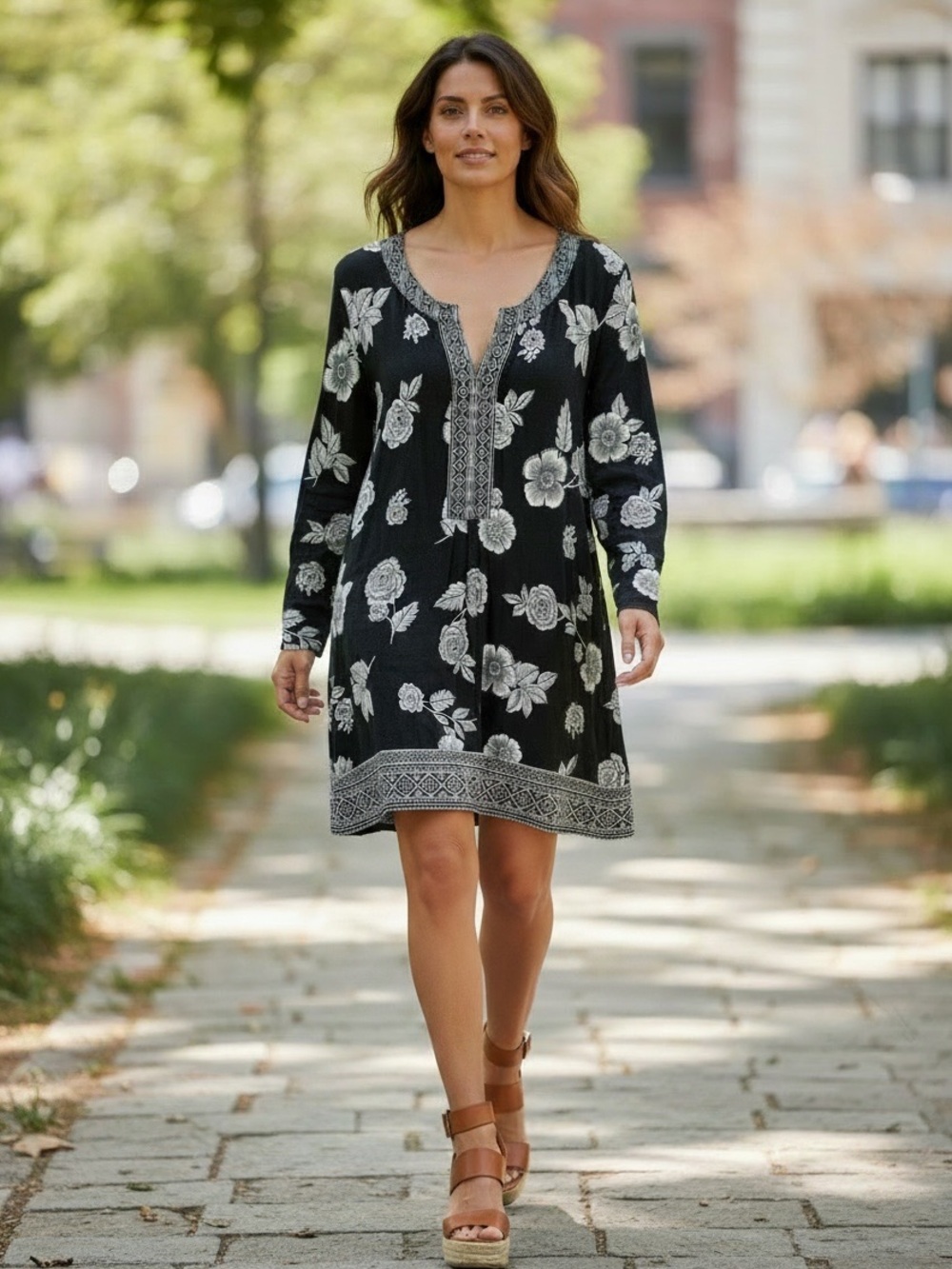 J. Jill Black White Floral Long-Sleeve Tunic Dress